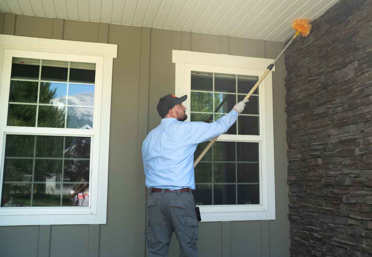 Thorn removing webs on the exterior of a home as part of their Utah spider control.